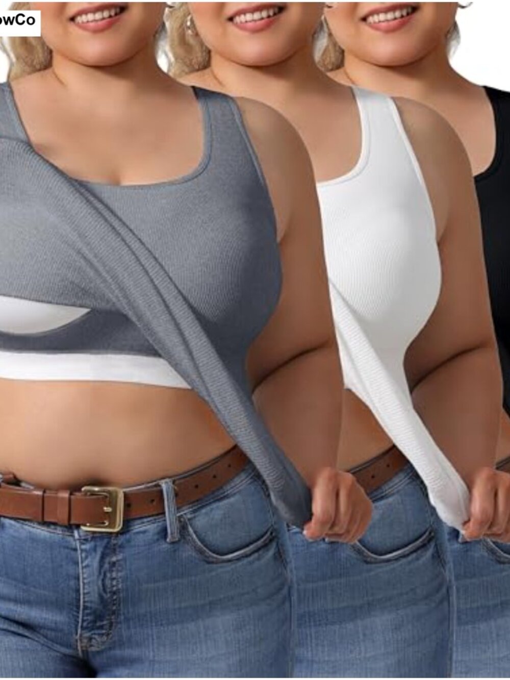 Plus Size U-Back Tank Tops 3-Pack Built-in Bra Seamless Gym Yoga Casual